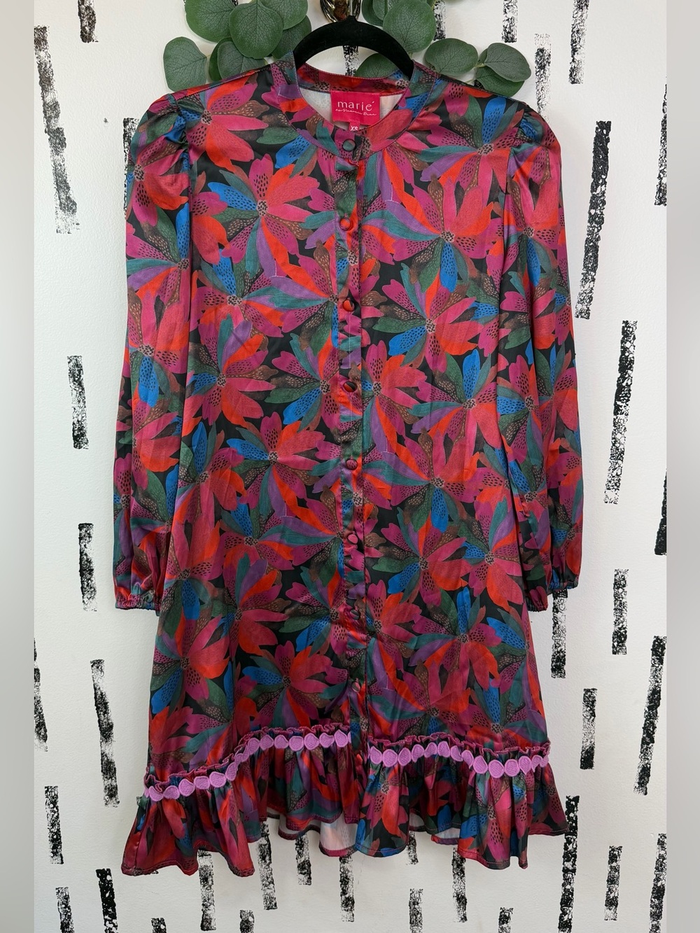 Marie by Victoria Dunn Floral Satin Long Sleeve Dress Size XS